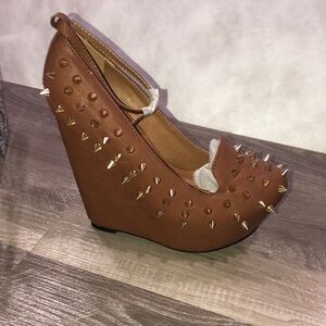 Privileged Brown Wedge Shoes with Spikes Ankle Strap New
